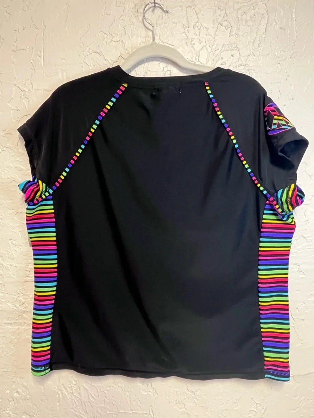 OP Black Short-Sleeve Rash Guard with Neon Rainbow Stripes